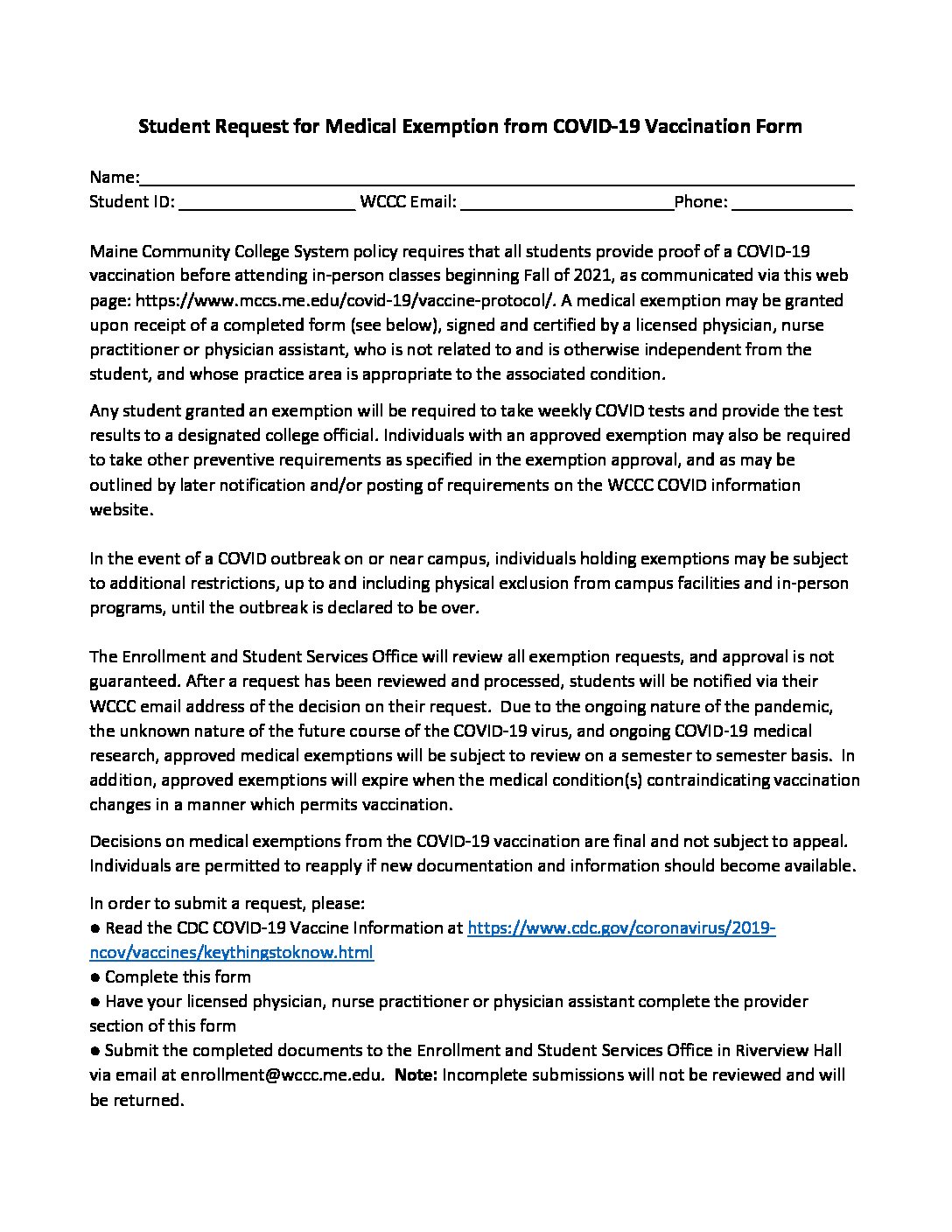 COVID Vaccination Medical Exemption Form - Washington County 